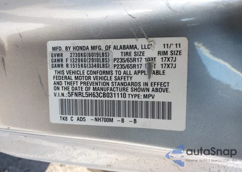 2012 Honda Odyssey Ex-L from USA, damaged, VIN 5FNRL5H63CB031110